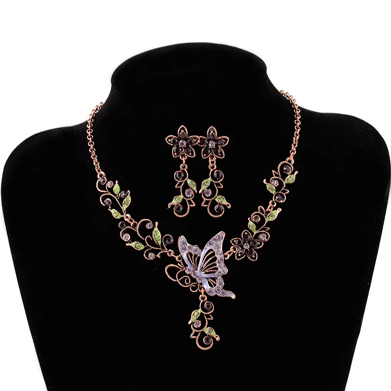

Retro diamond butterfly lovely flower necklace earrings set, N/a
