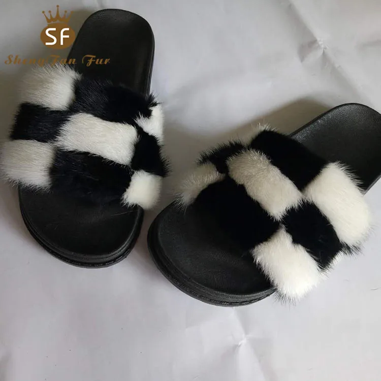

Factory wholesale custom summer indoor fashion ladies real mink fur slippers, Black,gray,blue,red or as customers' requirement