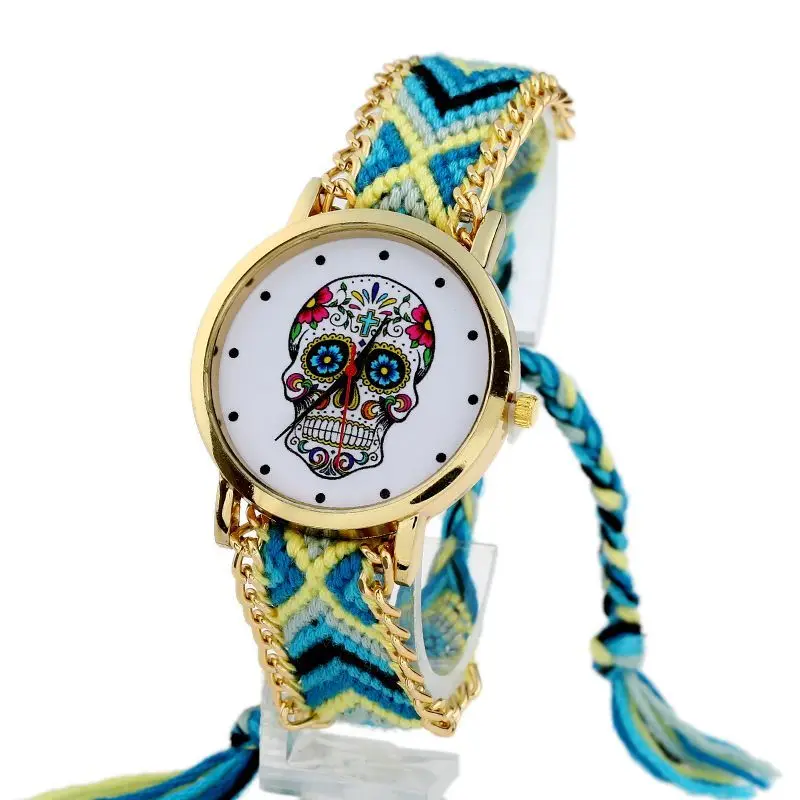 

Platinum Watch Women vintage Catrina Style Skull Fashion wristwatch Lace Golden Braided Chain Reloj