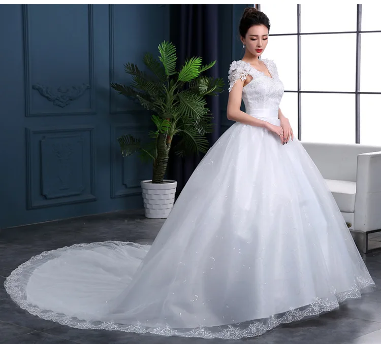 

Lace Cap Sleeves Bridal wedding gown with Long Tail High quality Wholesale cheap wedding dresses made in China, Ivory