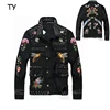 Metallic slim fit embroidered black denim long sleeved jackets full riveted embroidered coat