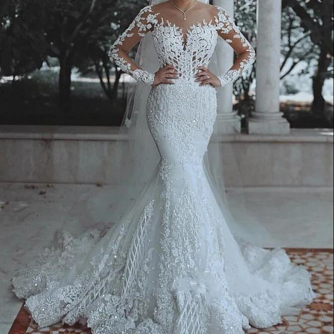 

FA132 Sexy Long Sleeves Lace Wedding Dress 2022 New See Through Back Lace Mermaid Robe Custom Bride Dress, Default or custom