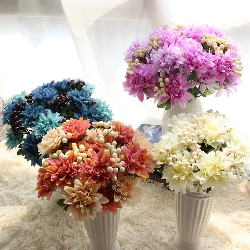 

2017 New Artificial Dahlia Berry Bouquet Fruit Flower DIY Silk Flower Home Party Wedding Holiday Decoration Craft, Pink, milk white ,blue ,purple