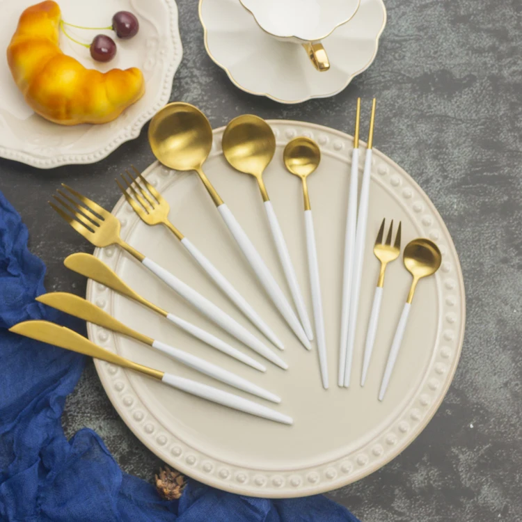 

OEM ODM Stainless Steel Silver And Gold Cutlery Set, Gold plated+white handle