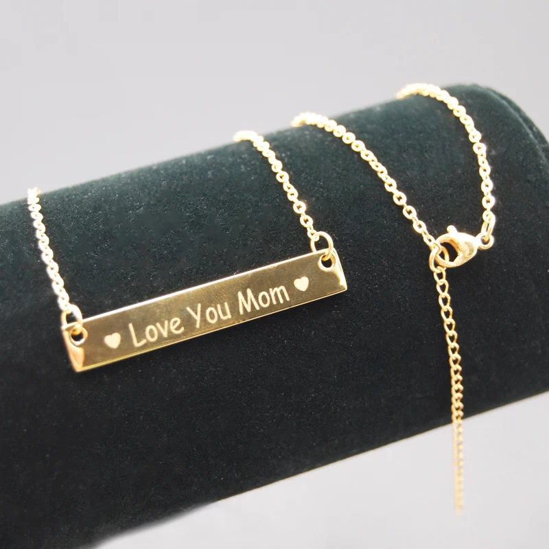 

Stainless steel engraved message Love You Mom silver gold rose gold bar necklace