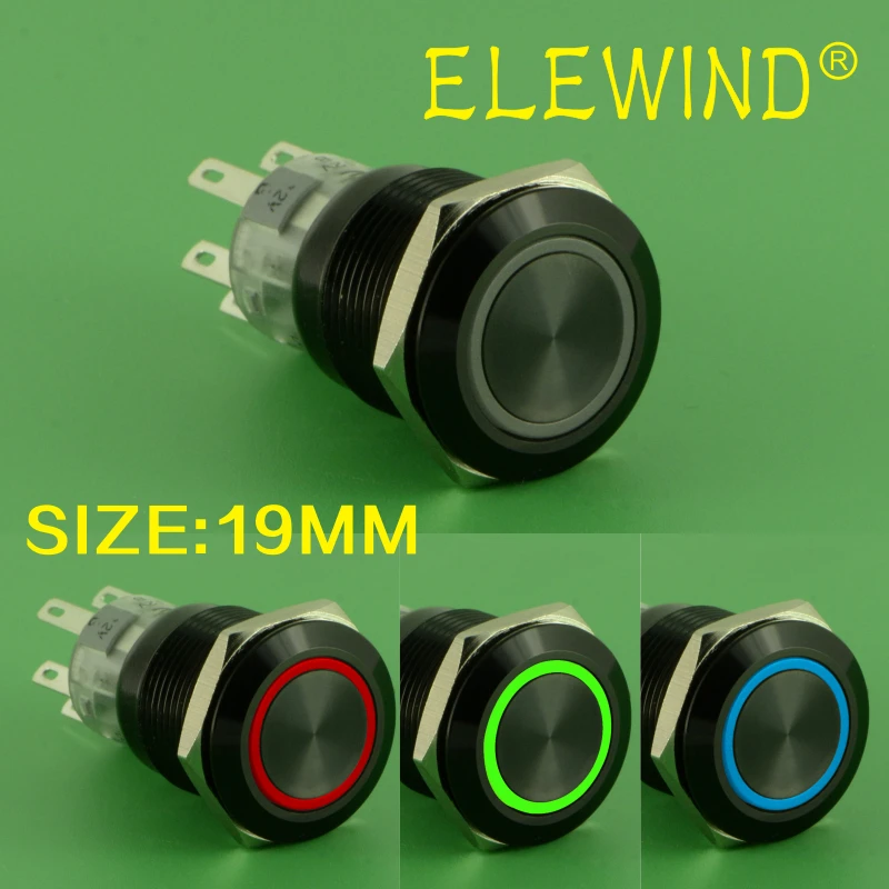 Elewind 19mm Black 3 Led Color Ring Illuminated Push Button Switch