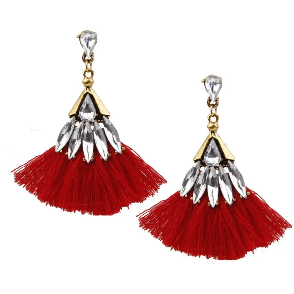 

Less Than 1 Dollar,6 Color Available, Fashion Vintage Gold Fan Tassel Crystal Dangling Statement Earrings, Multi color