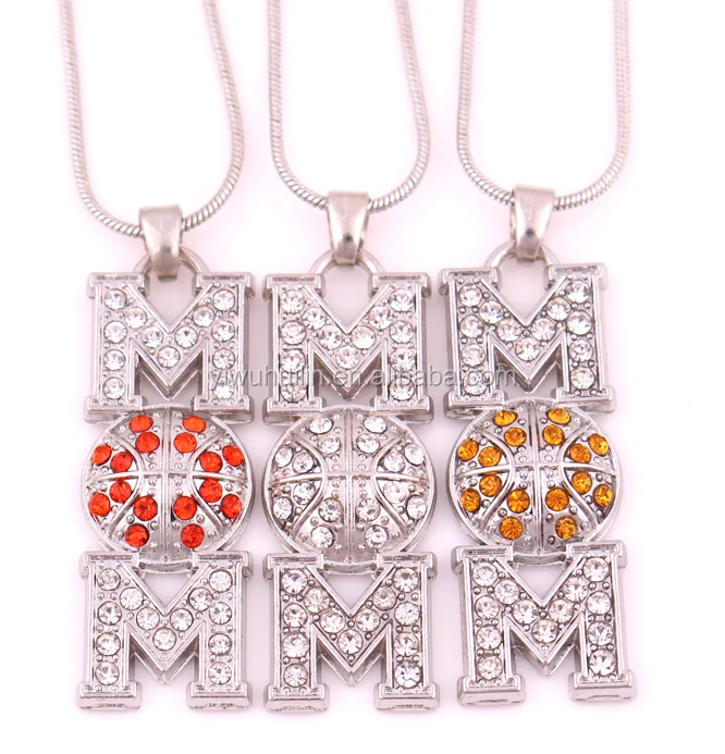 

N049 Fashion Jewelry Soccer Mom Letter Pave Crystal Pendant Charm Necklaces For Mother's Birthday Gift, Red/white/yellow