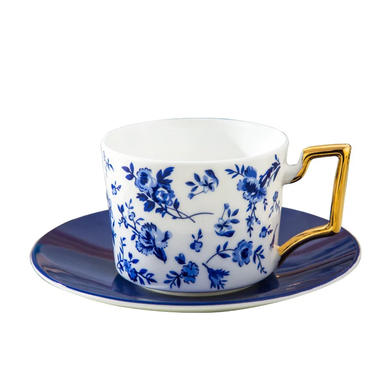 

Chinese style Blue and white porcelain coffee saucer cup with gold handle, As the picture show