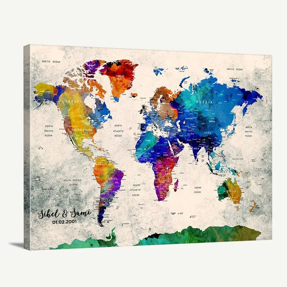 Buy Large Wall Art Canvas World Map Orange Predominantly Colourful World Map With Wonders Of The World At Background 3 Panel Large Wall Art 40x80 Cm Each Panel 1x80 Cm