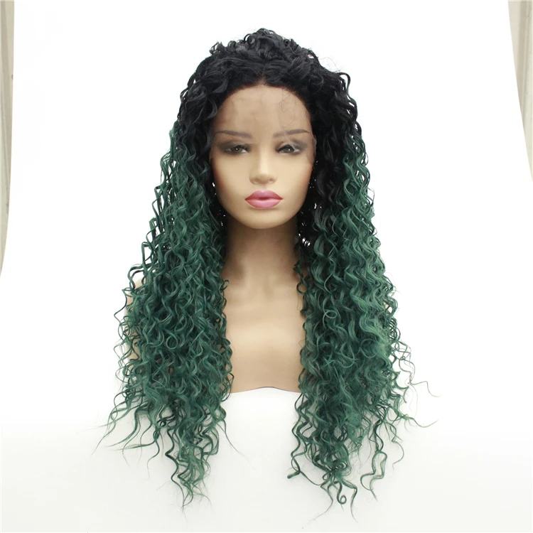 

New Arrival Water Wave Black to Green Synthetic Lace Wig for Women