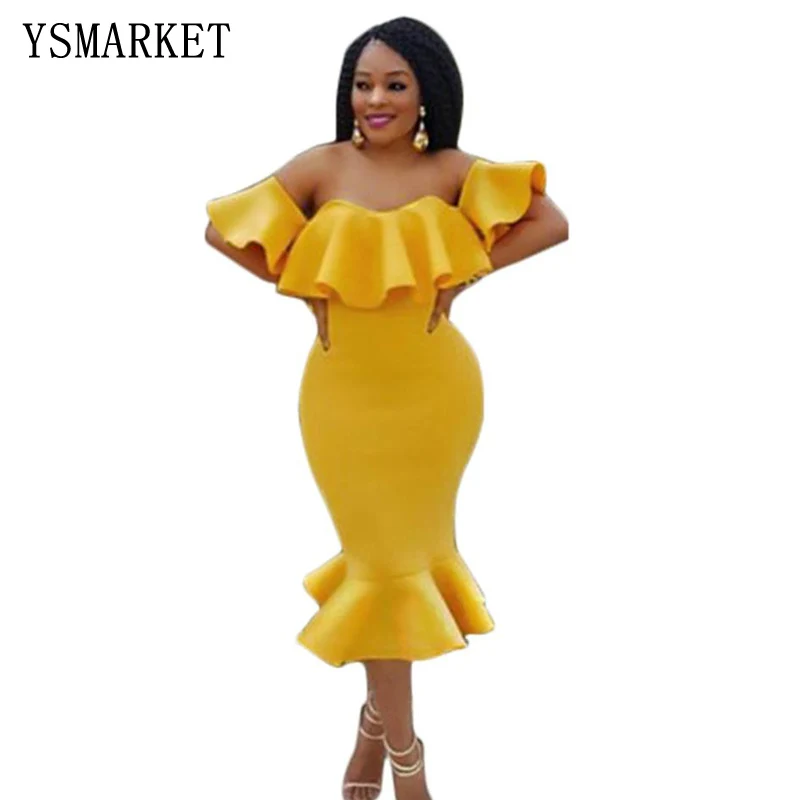 

Sexy women mermaid dress off shoulder bodycon dresses fashion summer ruffles yellow party vestidos E6242