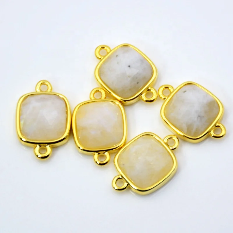 

Natural white moonstone connector Faceted square Gemstone charms cute tiny jewelry double bail pendant