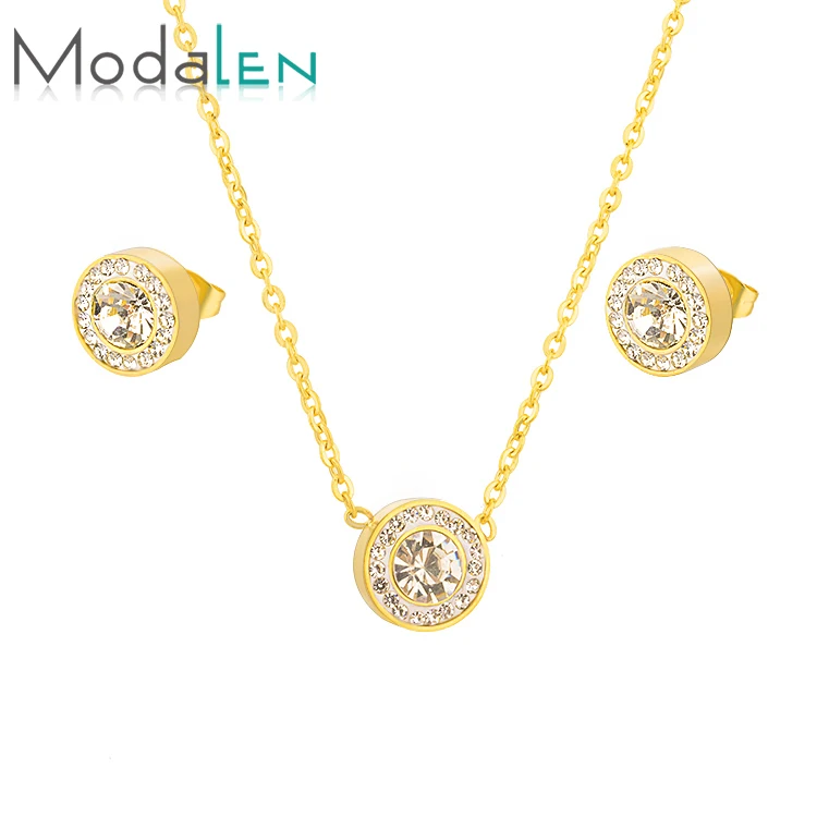 

Modalen Two Pieces Gold Jewelry Cz Necklace Set Woman Joyeria Acero Inoxidable