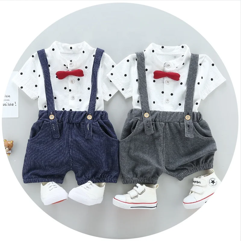 

Infant Toddler Baby Boys 2pcs Summer Outfits Gentleman Bowtie Short Sleeve Shirt+Suspenders Shorts Set Baby Overalls, Color could be custom