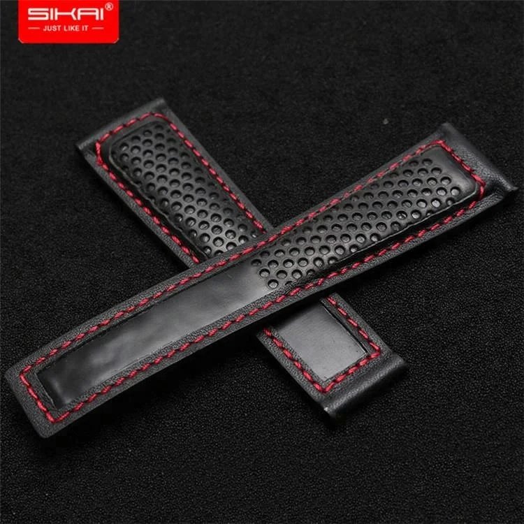 

Adaptable cowhide hole pattern breathable 22mm watch chain accessories leather watch band strap replacement for HY, Black;red