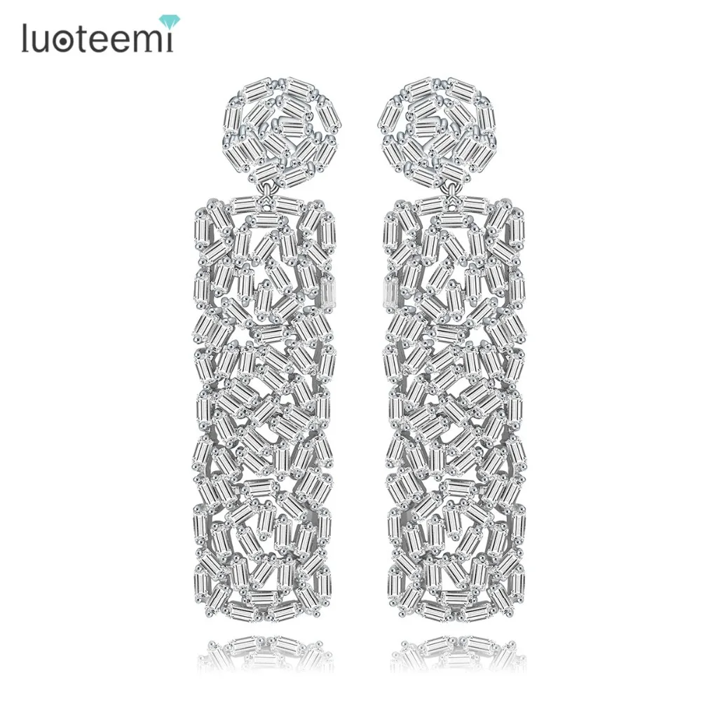 LUOTEEMI Women Newst Pure Baguette CZ Diamond Trendy Engagement Big Long Dangle Earring Fashion