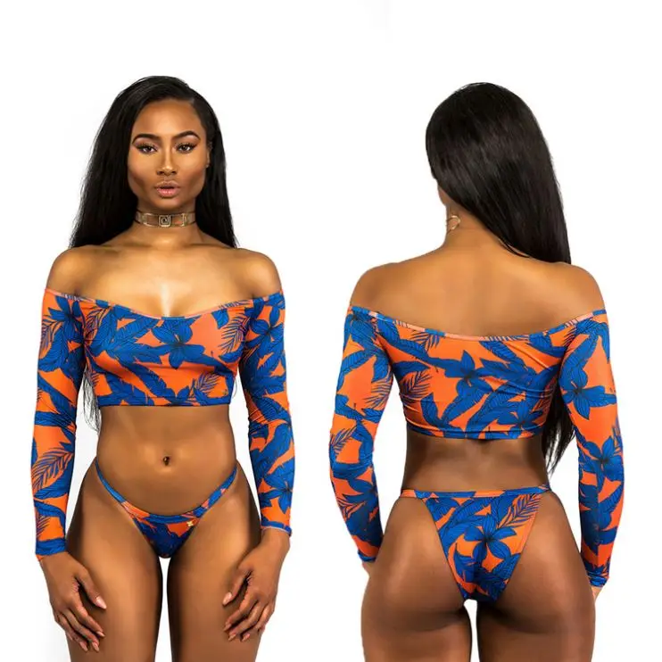 DH9079 Fashion Strapless Long Sleeve Printed 2 Piece Beach Wear Bikini Set
