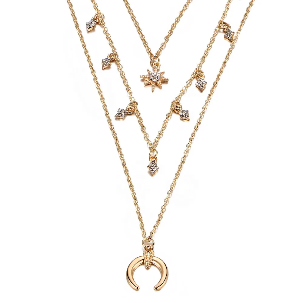 

New fashion lady jewelry accessories sun moon star pendant layer crystal necklace