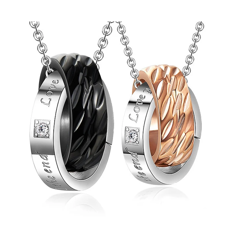 

Fashion High Quality Stainless Steel Crystal Double Ring Pendant Couple Necklace, Black/rose gold