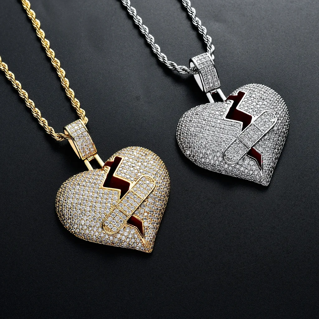 

European and American fashion copper top iced out pendant Broken heart Band-aid hip hop couple necklace pendant for ladies, Gold, silver