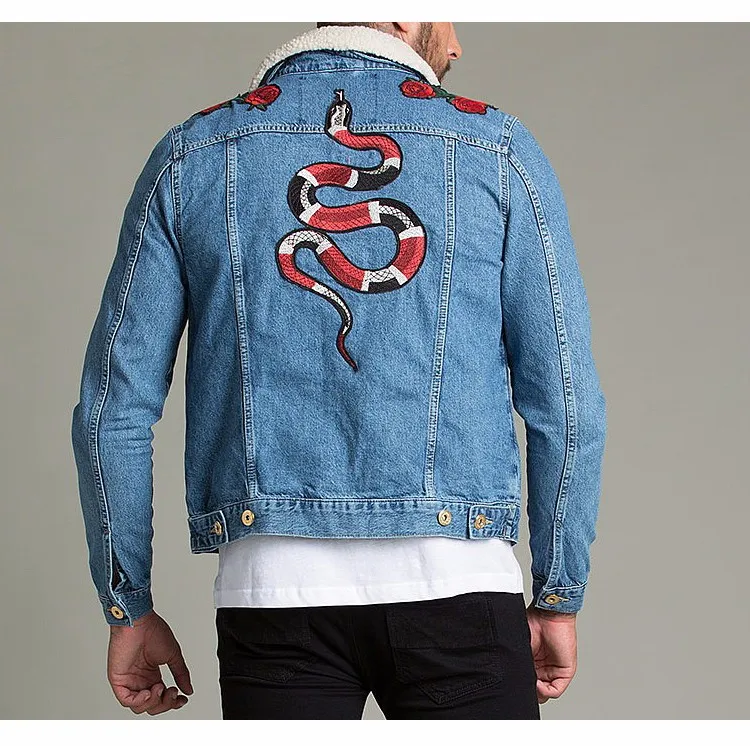 Source Royal wolf denim garment factory blue borg collar snake rose embroidered men jeans on