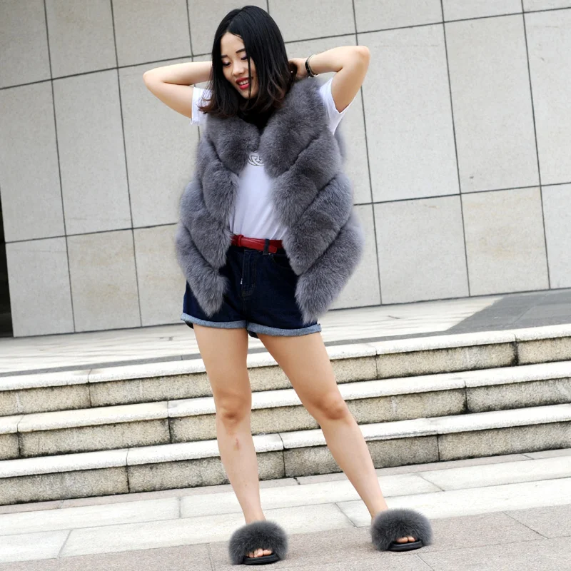 
CX-A-70F Cheap Genuine Fox Fur Decorative Slippers Home Shoes 