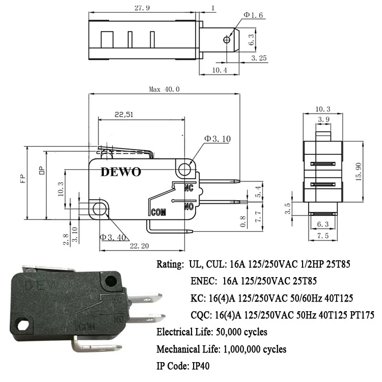 Dewo Manufacturer Micro Switch Air Pressure Snap Action Microswitches
