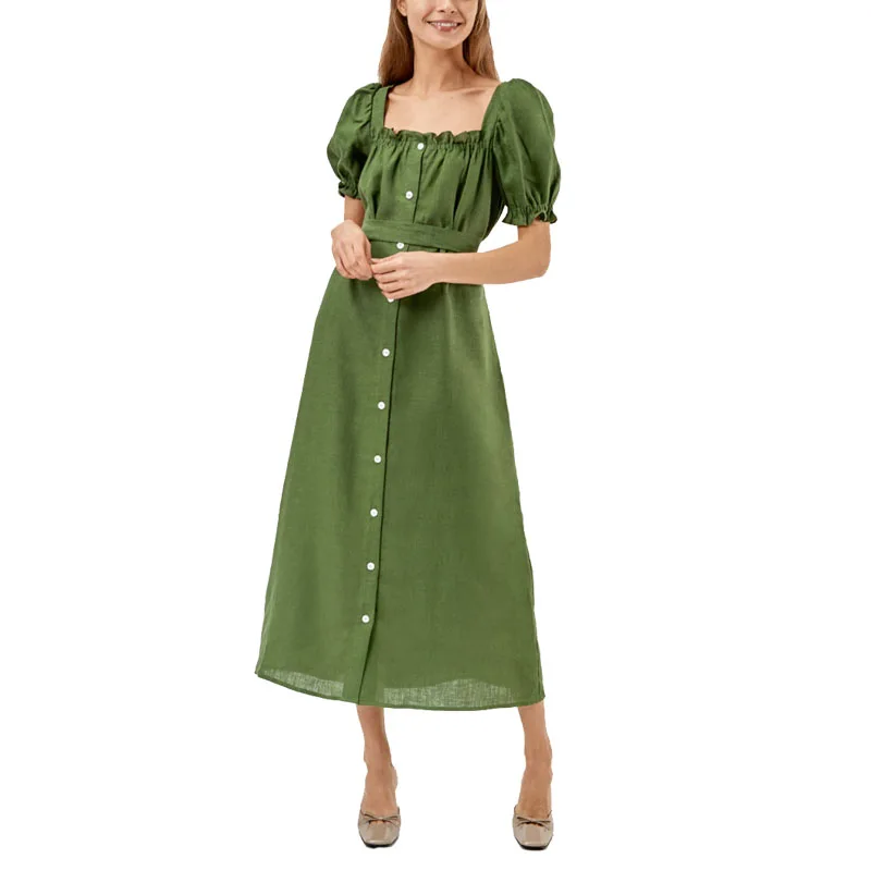 

China Manufacturer 100% Linen Leisure Green Maxi Dress With Belt