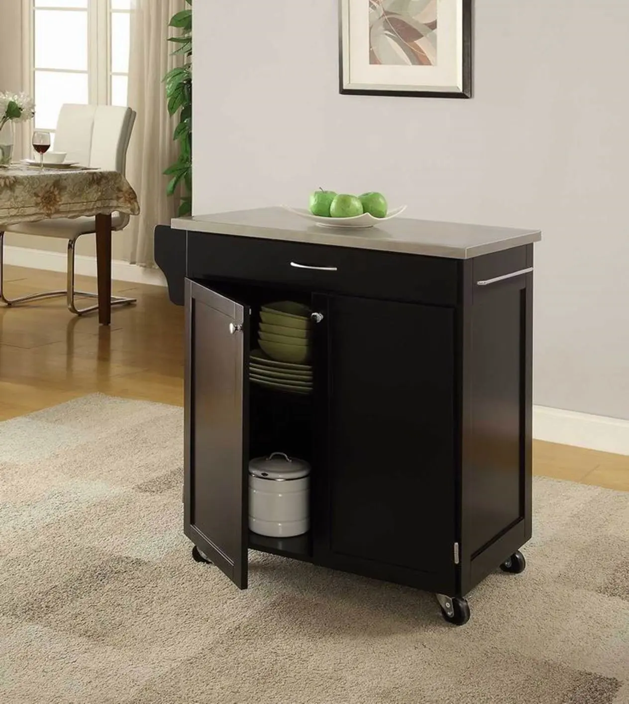 Oliver and Smith - Nashville Collection - Mobile Kitchen Island Cart on Wheels - Black - Stainless Steel Top - 32" W x 19" L x 36" H 102066-01blk