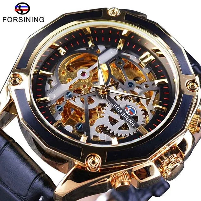 

Forsining Mechanical Mens Watch Transparent Case Movement Steampunk Men Automatic Skeleton Luxury Design Self Winding Watch, 5-color