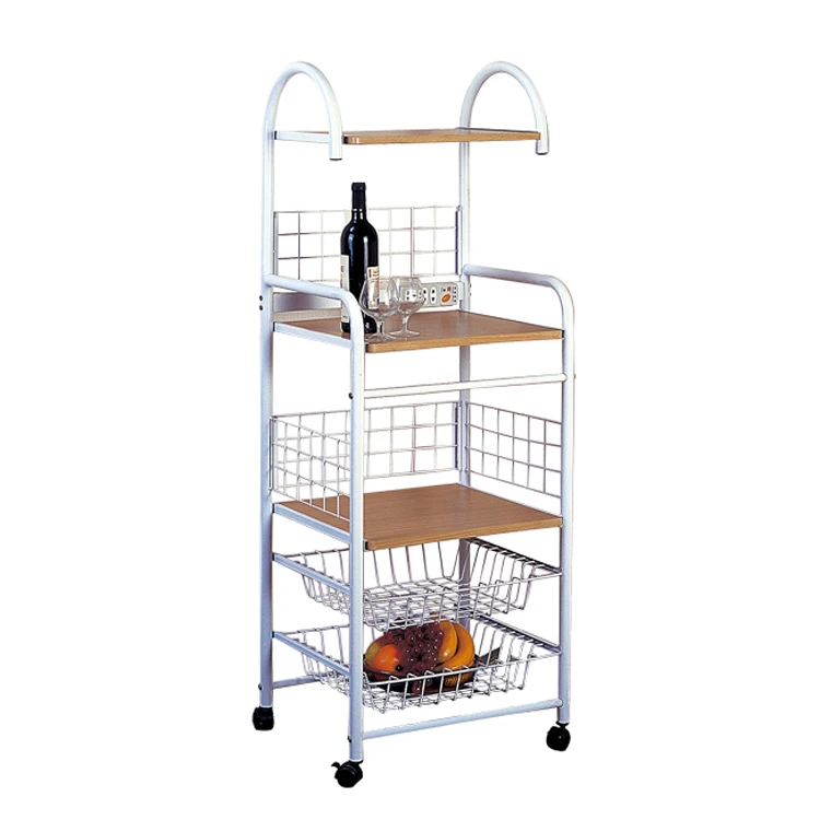 Modern design food vegetable storage home restaurant wood and metal serving cart mobile kitchen trolley with wheels 