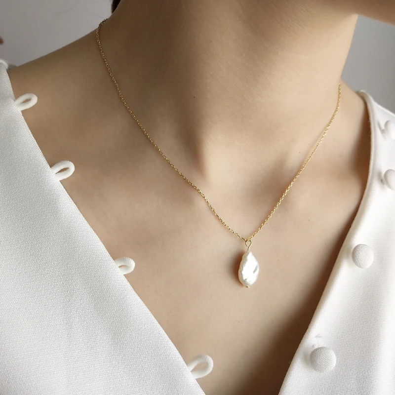 

European New Design 925 Sterling Silver Fashion Simple Baroque Irregular Alien Pearl Pendant Necklace Women Jewelry, N/a