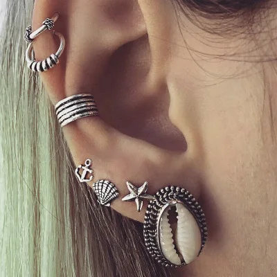 

2018 New Bohemian Natural Shell Stud Earrings Sets for Women 7Pcs/lot Vintage Alloy Starfish Earring Set(KES054), Same as the picture