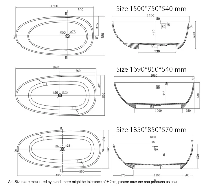 Good Quality Matt Glossy Finish Bath Stone Pure Black Freestanding