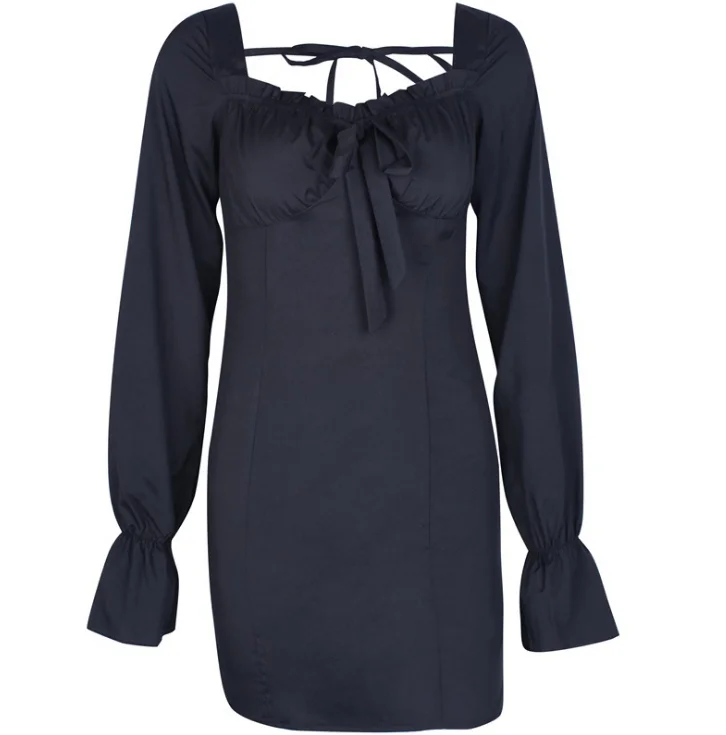 

X86591B 2018 long sleeve woman pure color strap dress, As picture