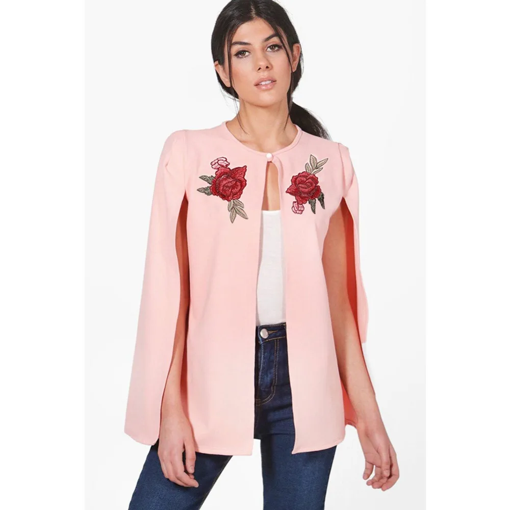 

New Design Women's Winter Batwing Sleeve Embroidery Blazer Solid Cloak Cape Coat, Pink