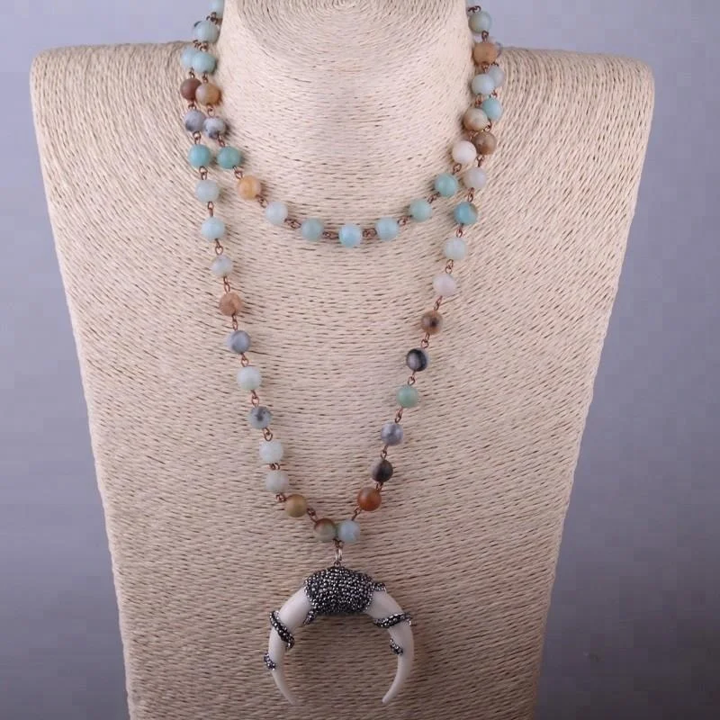 

Bohemian Tribal Artisan Jewelry Rosary Chain Women Natural Amazonite Stone Necklace Crystal Paved Moon Pendant Necklace, Matt or shiny stone