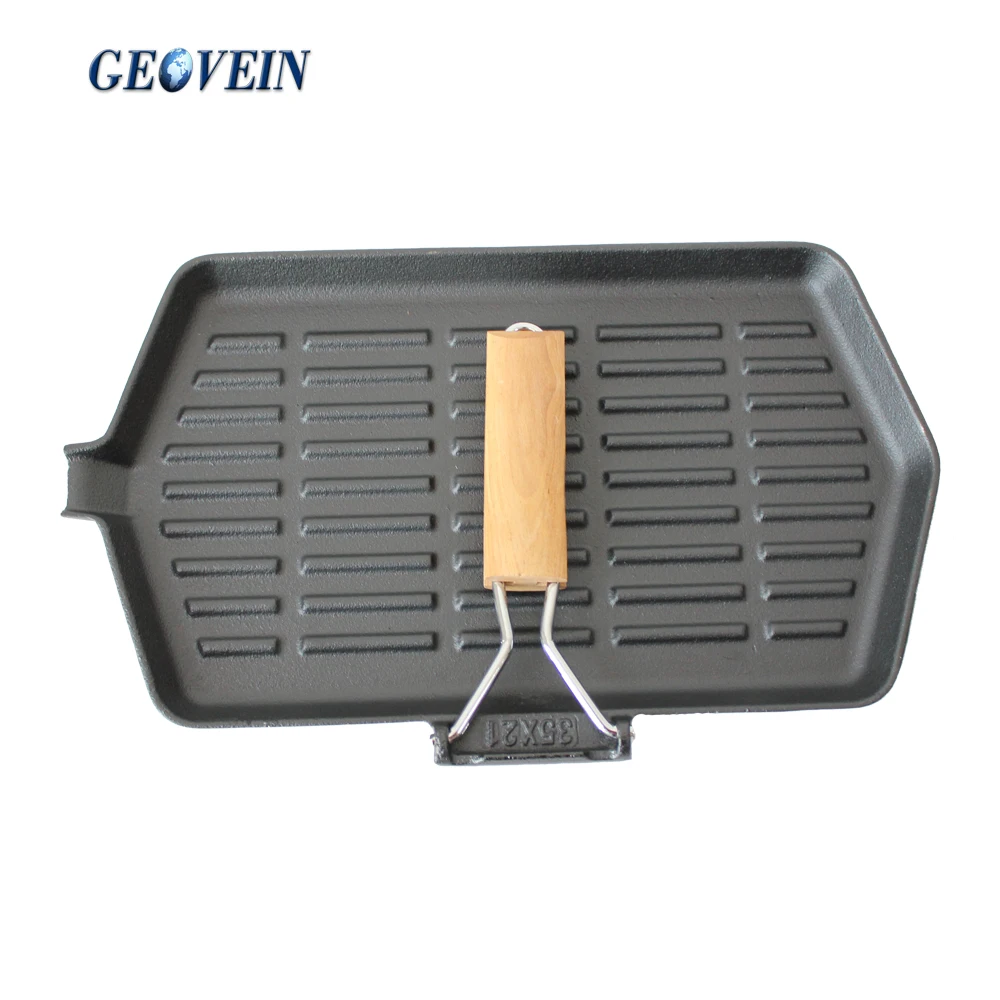 
foldable Non stick cast iron BBQ steak pan with wood handle  (60698292644)