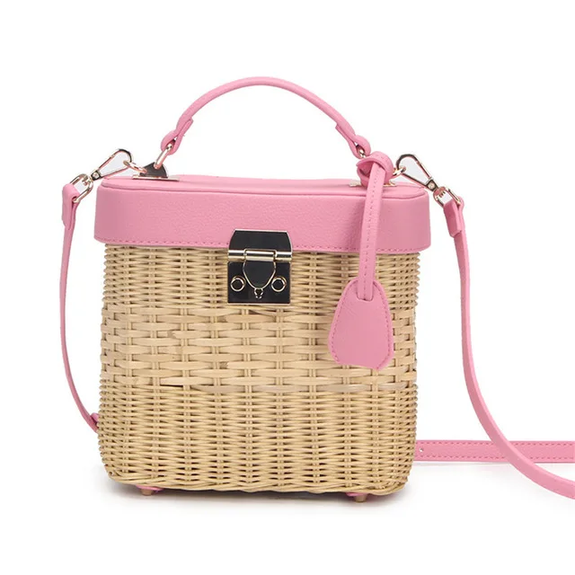 

Ladies Single Strap Crossbody Bag Straw Pink Handmade Fashion Natural Woven Round Rattan Handbags, Retro like photos