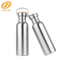 

Bamboo lid no plastic high quality bpa free single wall water bottle stainless steel