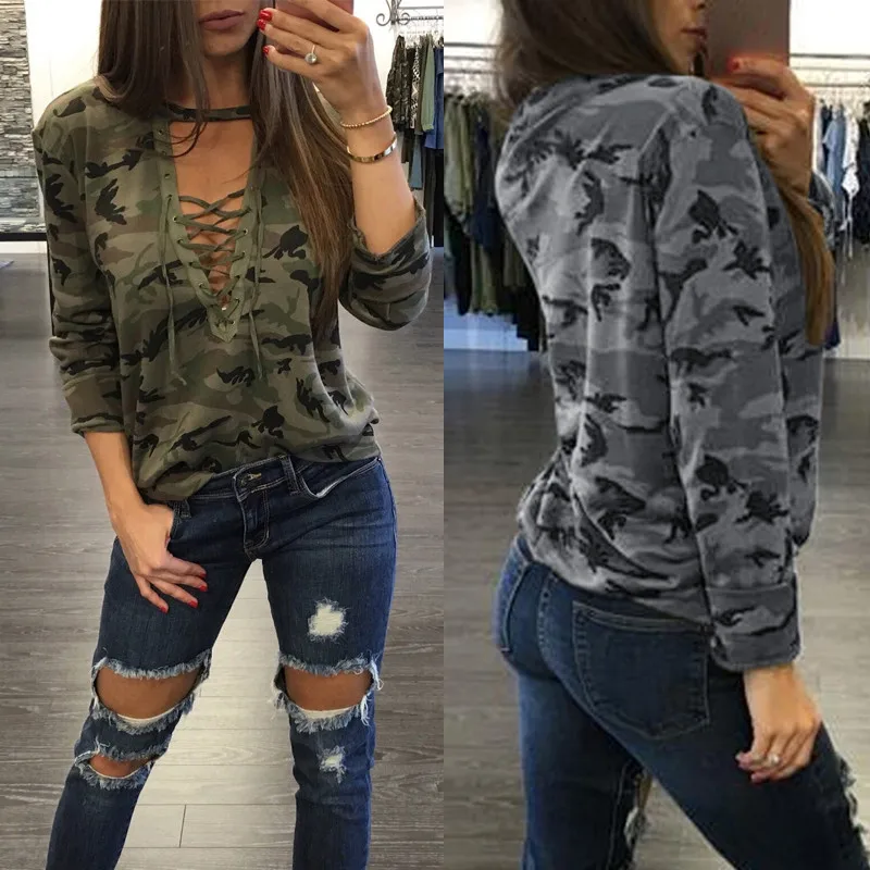 Tops Con Estampado De Camuflaje Para Mujer,Blusas Con Cordones De Corte  Bajo Y Escote En V Profundo,Camiseta Holgada De Manga Larga,Coldker - Buy  Tops Estampados De Camuflaje,Blusa Suelta Para Mujer,Blusa De Manga