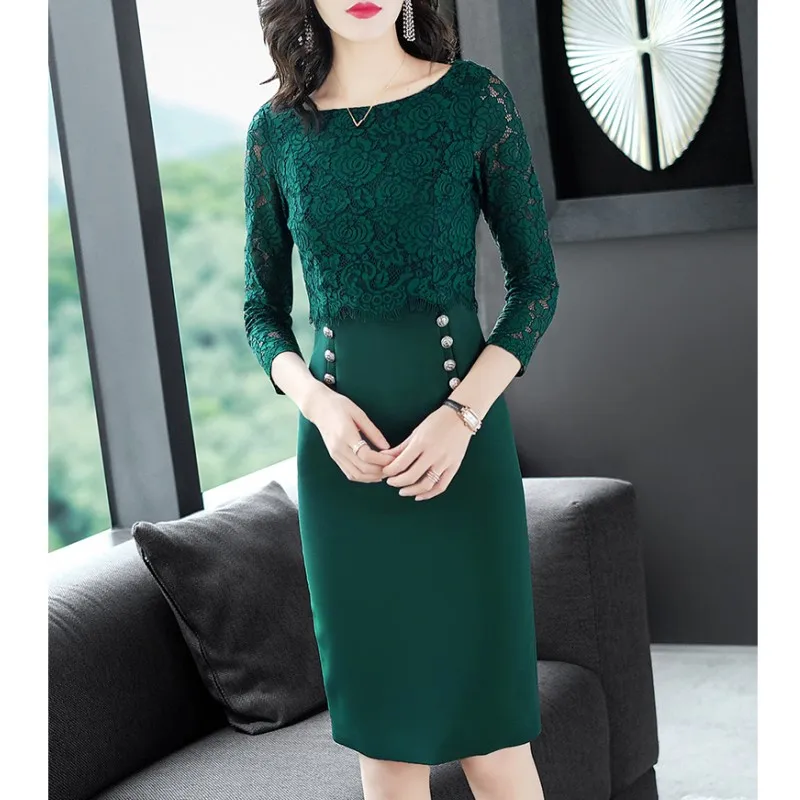

Fashion Stitching Crop Green Lace Dress Hip Sexy Midi Elegant OL Lady Office Work Casual Dresses Plus Size XXL Clothes EM3666, Can be customized