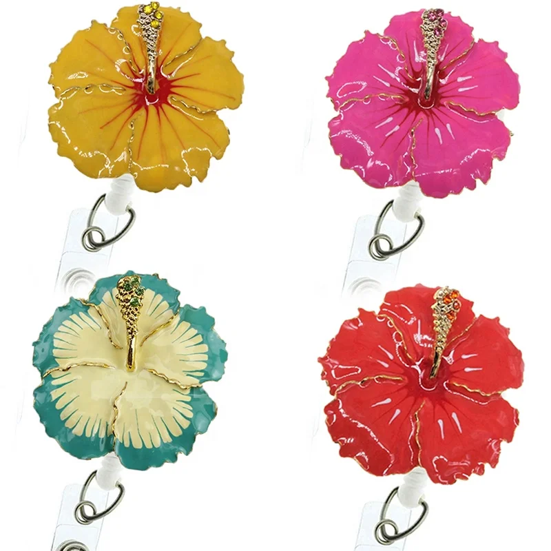 Doctor/Nurse accessories popular 50mm enamel gold Hawaiian Hibiscus Flowers Retractable id badge holder reel, As picture