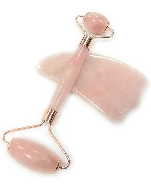 

Eskyhouse 2 in 1 Rose Quartz Roller and Gua Sha Set Facial Face Roller and Massager Healing Toning Massage Unique Design Pink Ge