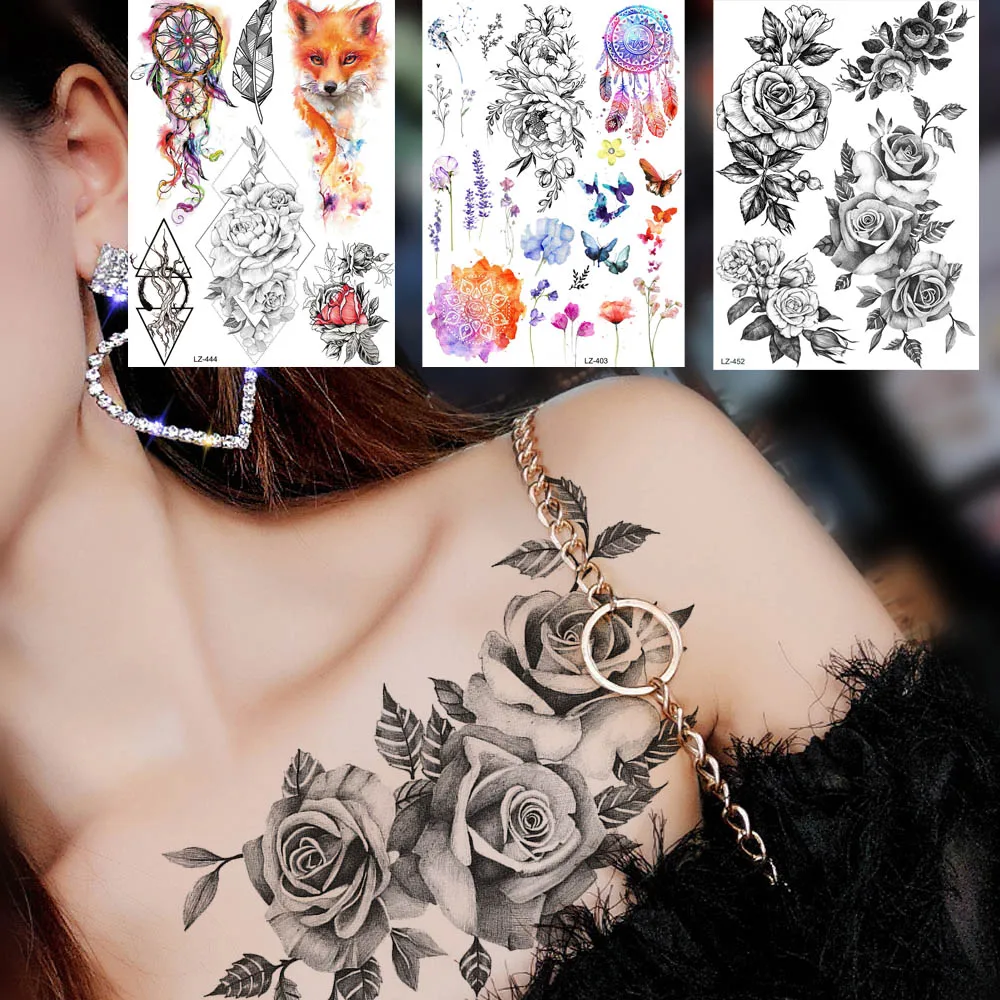 

Custom Rose Flower Temporary Tattoos For Women Men Black Henna Waterproof Tattoo Sticker Geometric Sexy Fox Girls Dreamcatcher