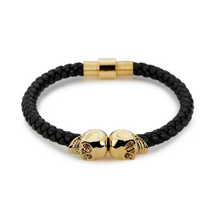 

Dubai Latest Design Gold Plated North Skull Charm Black Leather Men Bracelet Wholesale, Multi colors