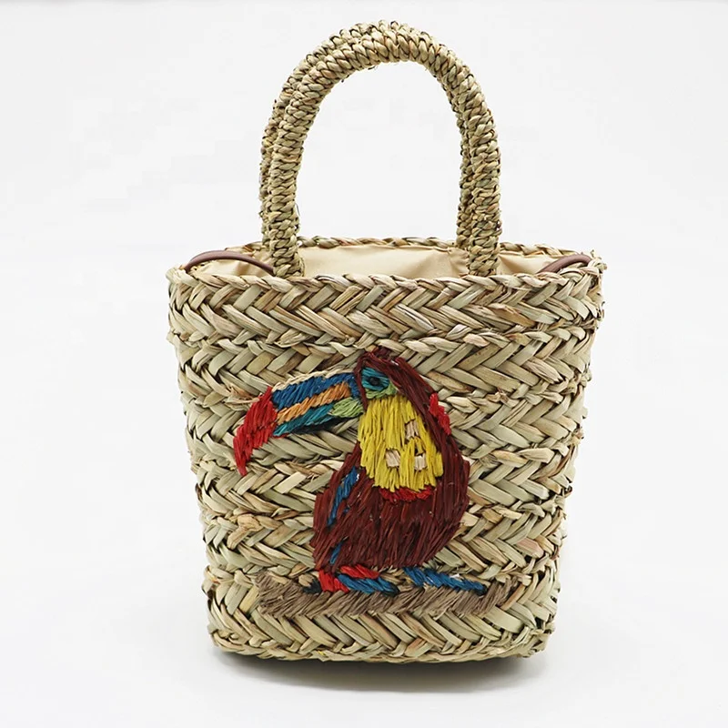 

Parrot Embroidery Lovely Natural Straw Bag Mini Beach Bag