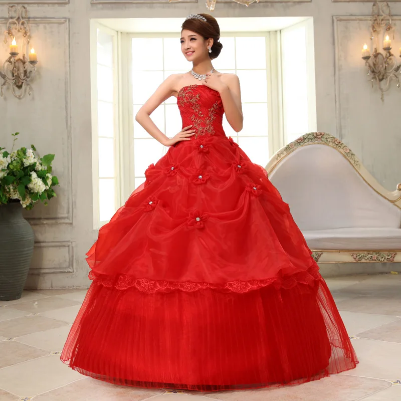 

SLS046YC Red Wedding Dress Strapless Appliqued Golden Lace Organza Wedding Dress Bridal Gown Slim Plus Size Bridal Gowns