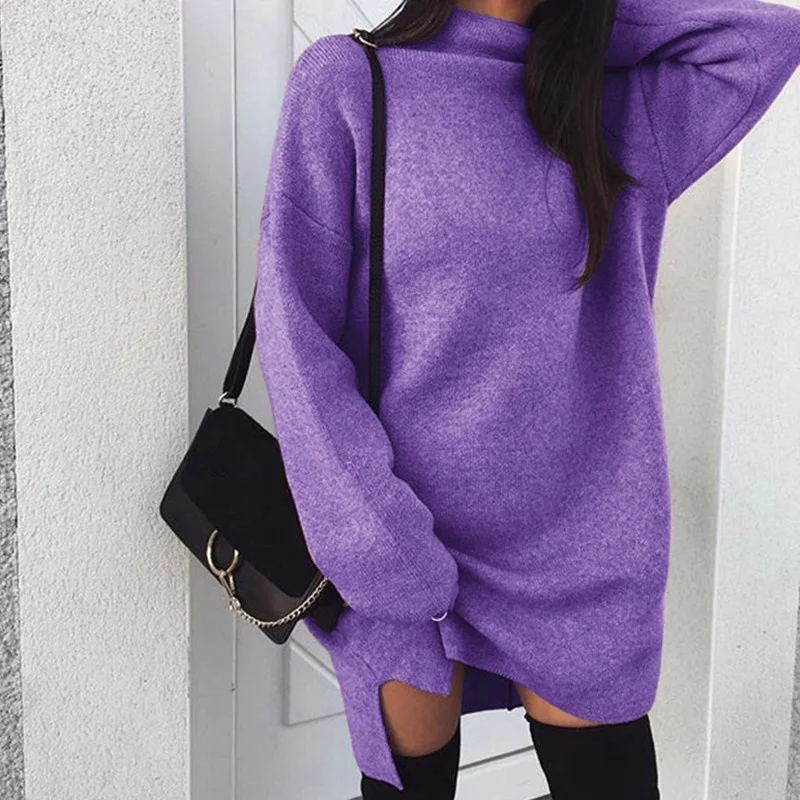 

Winter Fashion Women Long Sleeve Stand Collar Solid Color Sweater Dress
